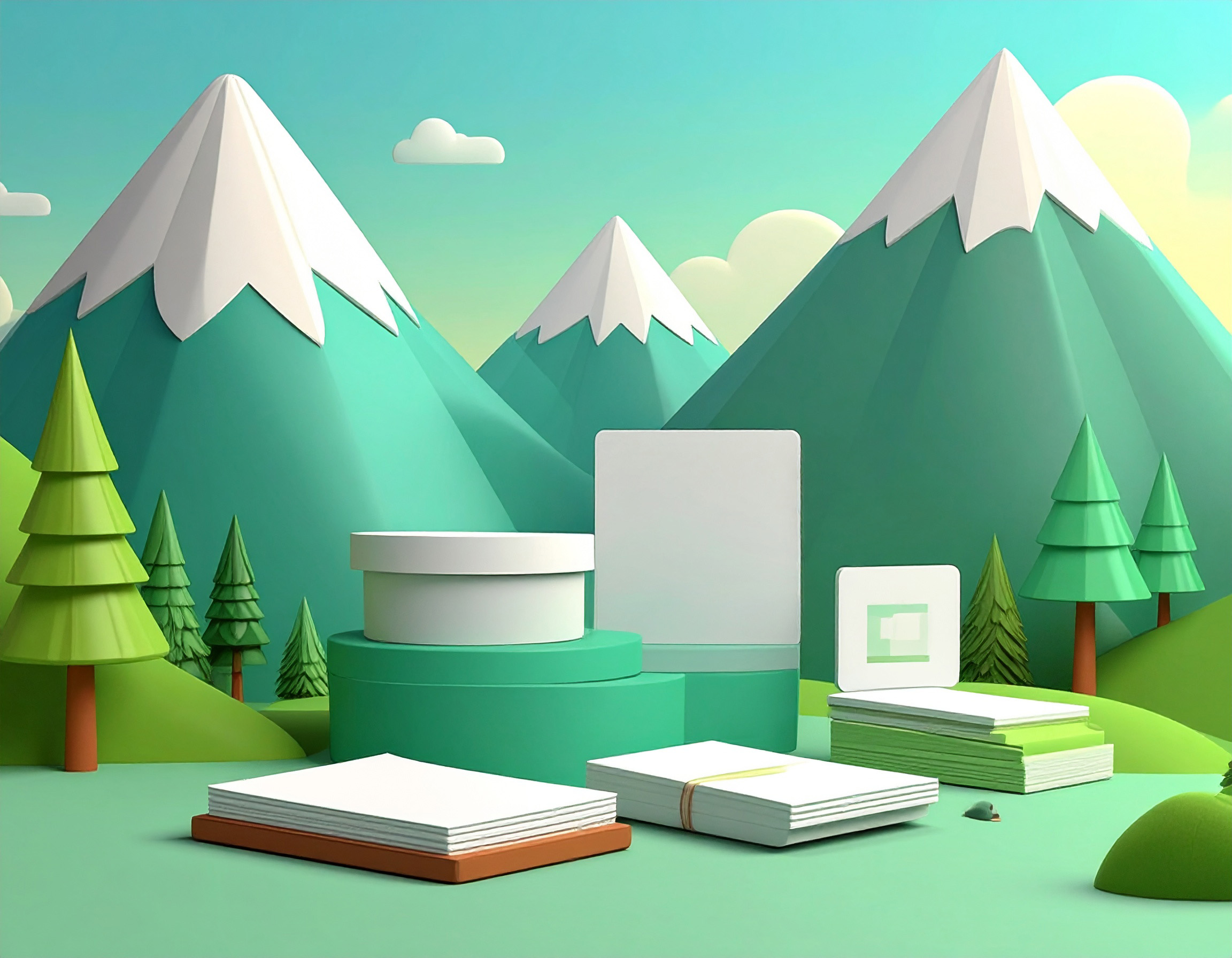 Adobe InDesign Grundlagen Schulung - es werden im 3D Stil verschiedene Geschäftsausstattungen gezeigt wie Briefpapier, Visitenkarten, Blöcke usw.