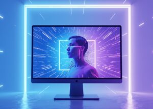After Effects Schulung Grundlagen - Monitor mit einer abgebildeten Person, in der Umgebung Lichtlinien in verschiedenen Farben