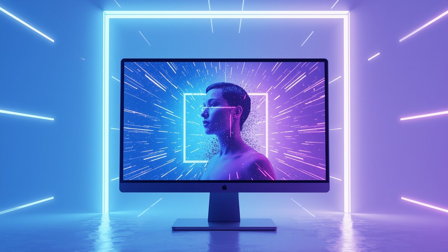 After Effects Schulung Grundlagen - Monitor mit einer abgebildeten Person, in der Umgebung Lichtlinien in verschiedenen Farben