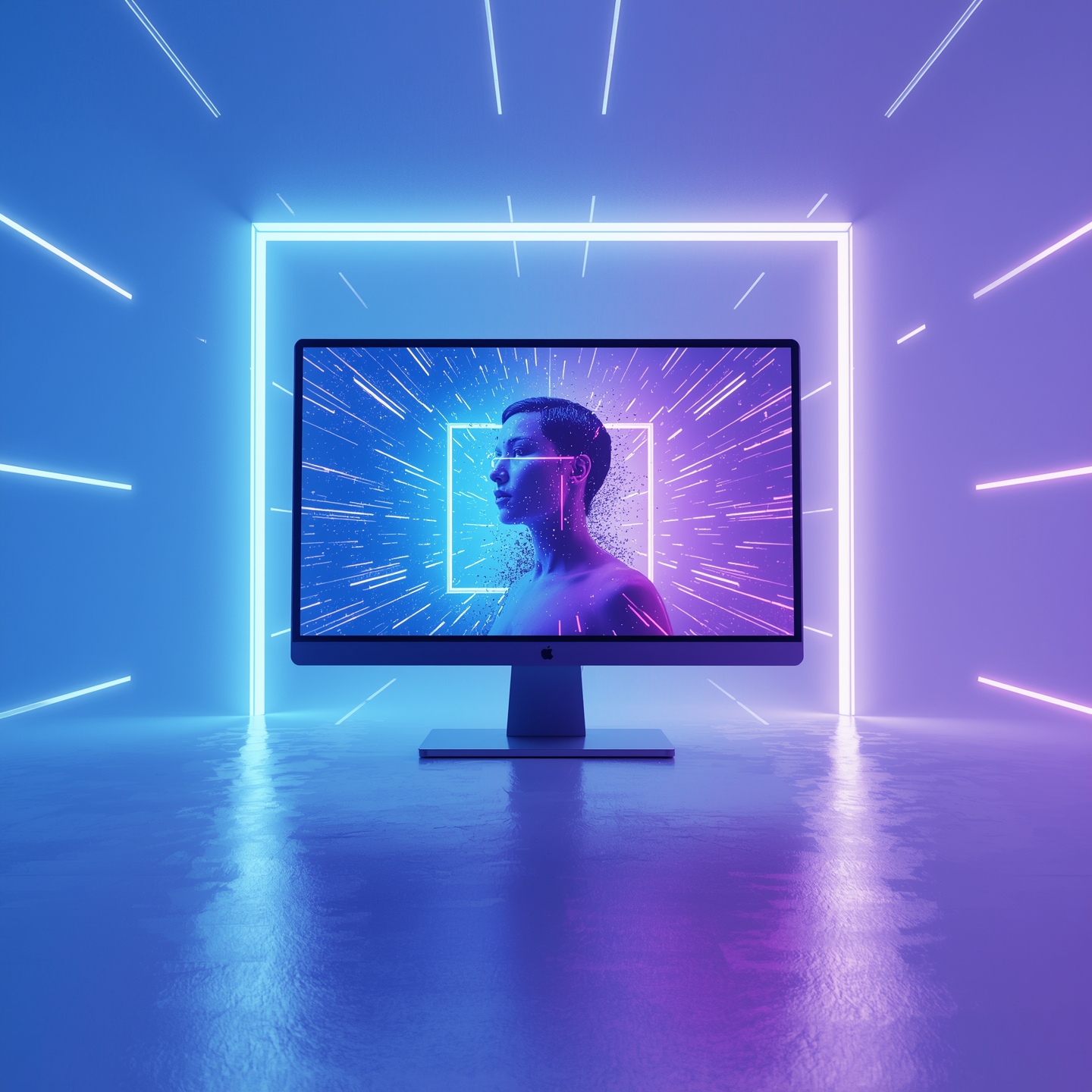 After Effects Schulung Grundlagen - Monitor mit einer abgebildeten Person, in der Umgebung Lichtlinien in verschiedenen Farben