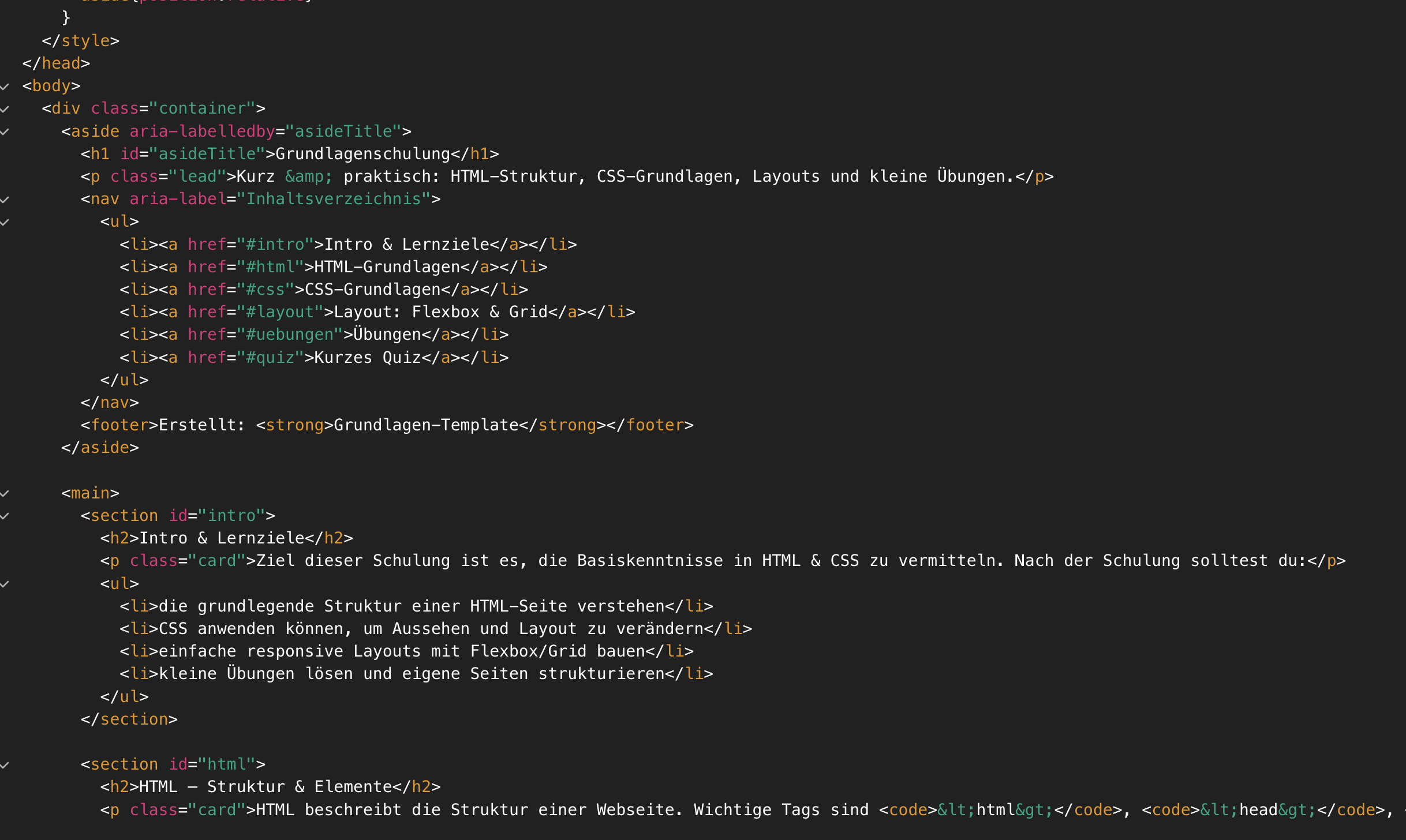 HTML und CSS Grundlagen. Schulung - Codedarstellung von HTML