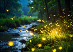 Adobe Firefly Leuchtende Insekten am Bach auf einer Wiese in der Natur
