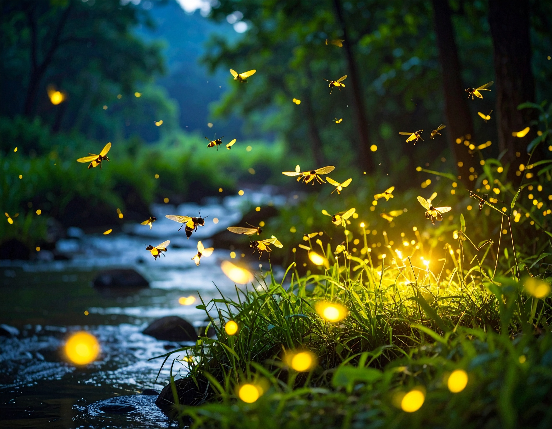 Adobe Firefly Leuchtende Insekten am Bach auf einer Wiese in der Natur