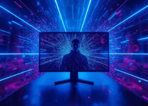 Premiere Pro Schulung, science fiction Darstellung, Monitor mit viele Lichtstreifen in blau magenta Farben
