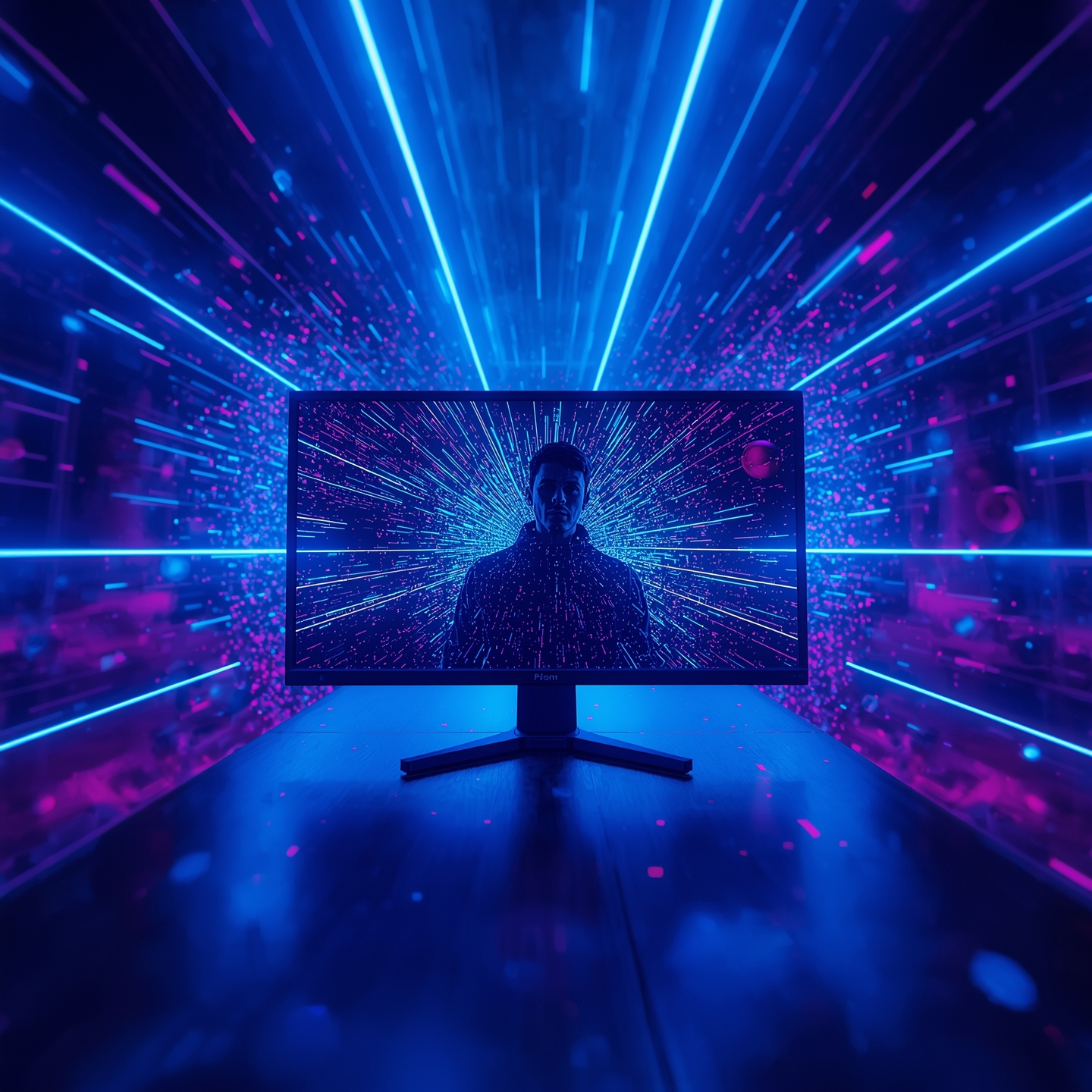 Premiere Pro Schulung, science fiction Darstellung, Monitor mit viele Lichtstreifen in blau magenta Farben